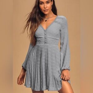 Lulus Poetic Love Dusty Blue Swiss Dot Long Sleeve Pleated Mini Dress XS NWT